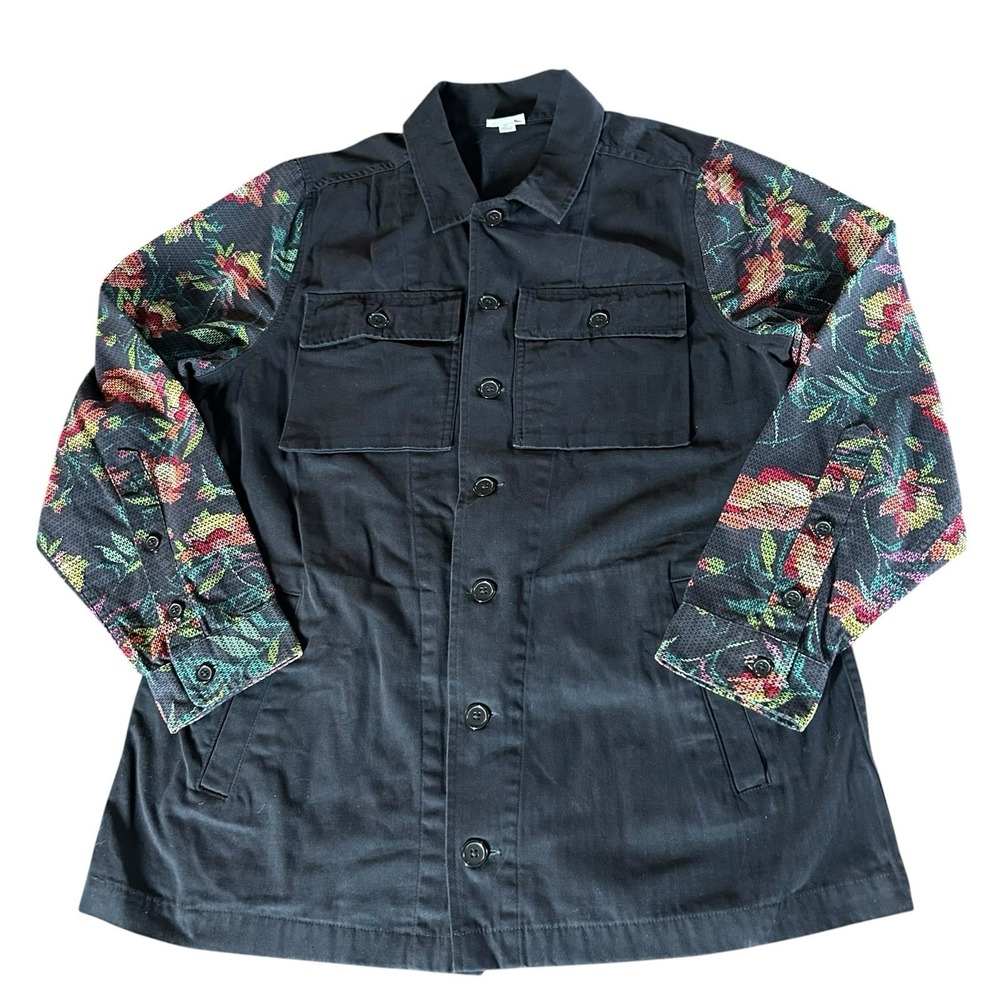 Lularoe Black Cavas Denim Utility Jacket Cross Stitch Floral Sleeves Boho Sz XL